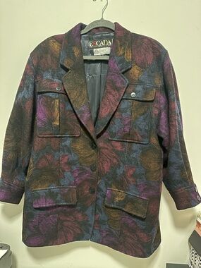 VINTAGE Escada Multicolor Floral Wool-Blend Blazer in Purple, Brown & Blue